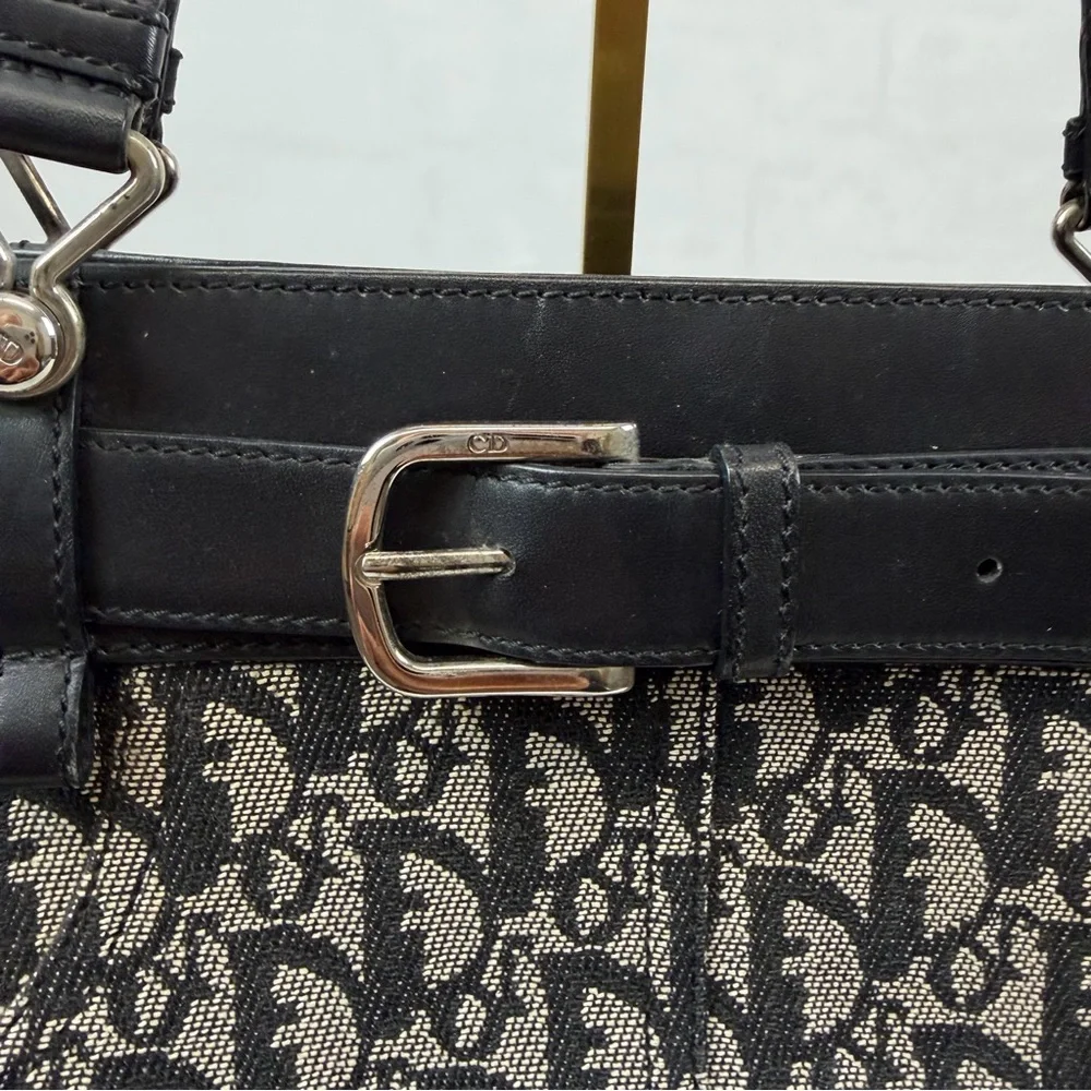 Christian Dior Trotter Canvas Logo Tote Bag Black Leather Trim‎ Vintage